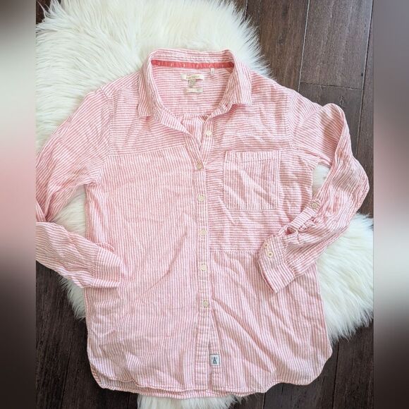 Barbour Cotton Linen Women's Long Sleeve Button Up Shirt Pink Red Striped 6 - Picture 1 of 6